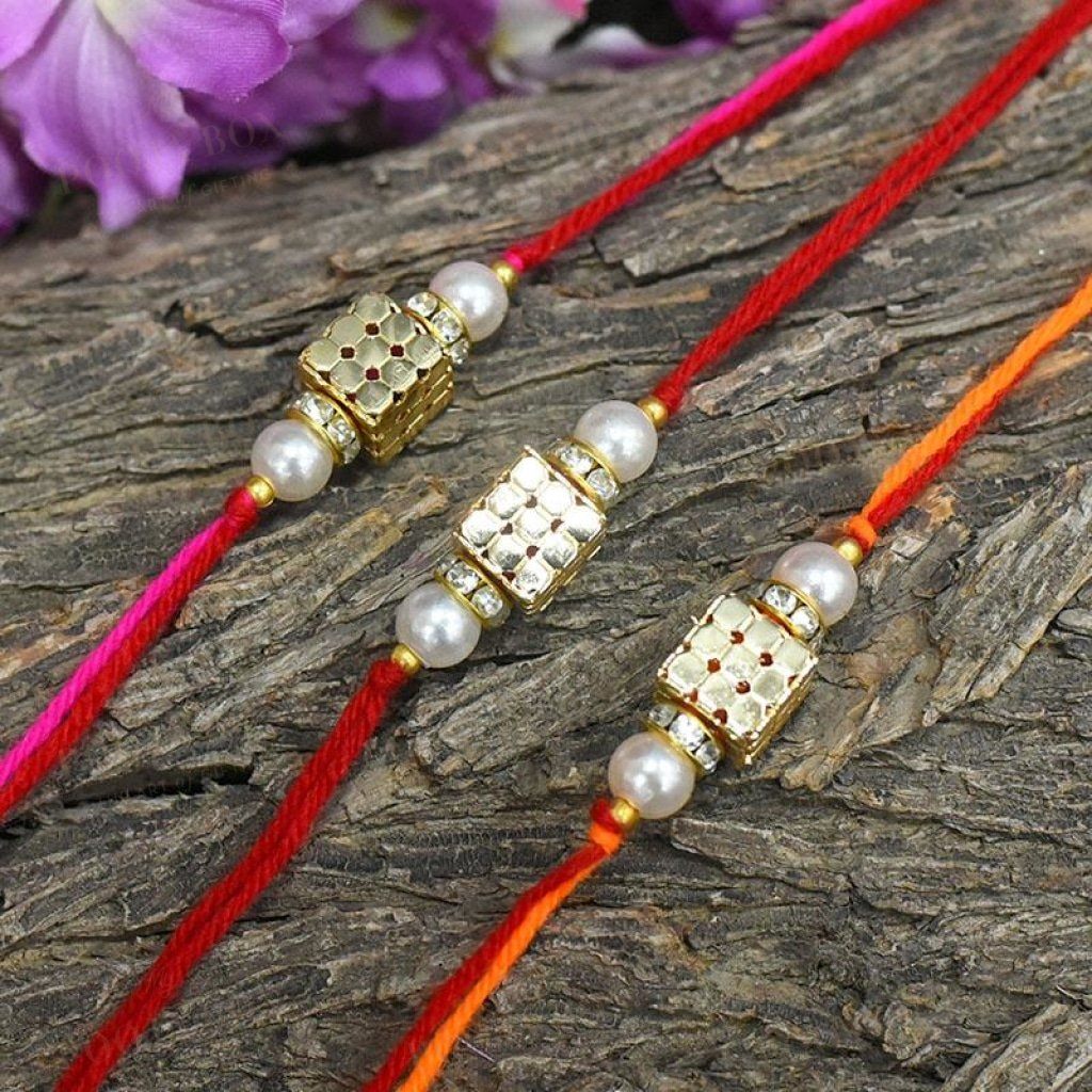 Golden Beaded Dice Rakhi Set Of 3