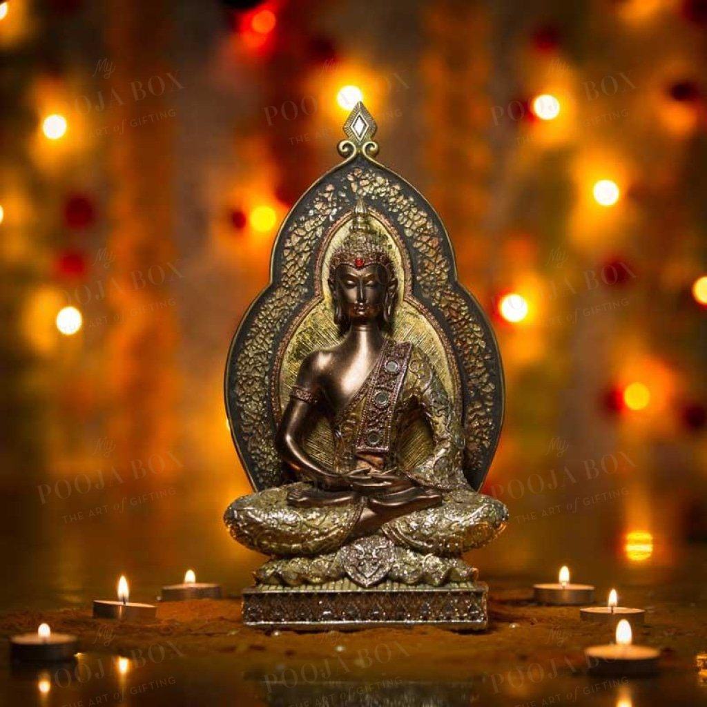 Golden Buddha Figurine With Mirror Detailing Idols