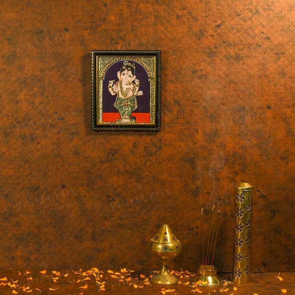 Golden Framed Bal Ganesha Hand-Painted Tanjore Painting Home Decor