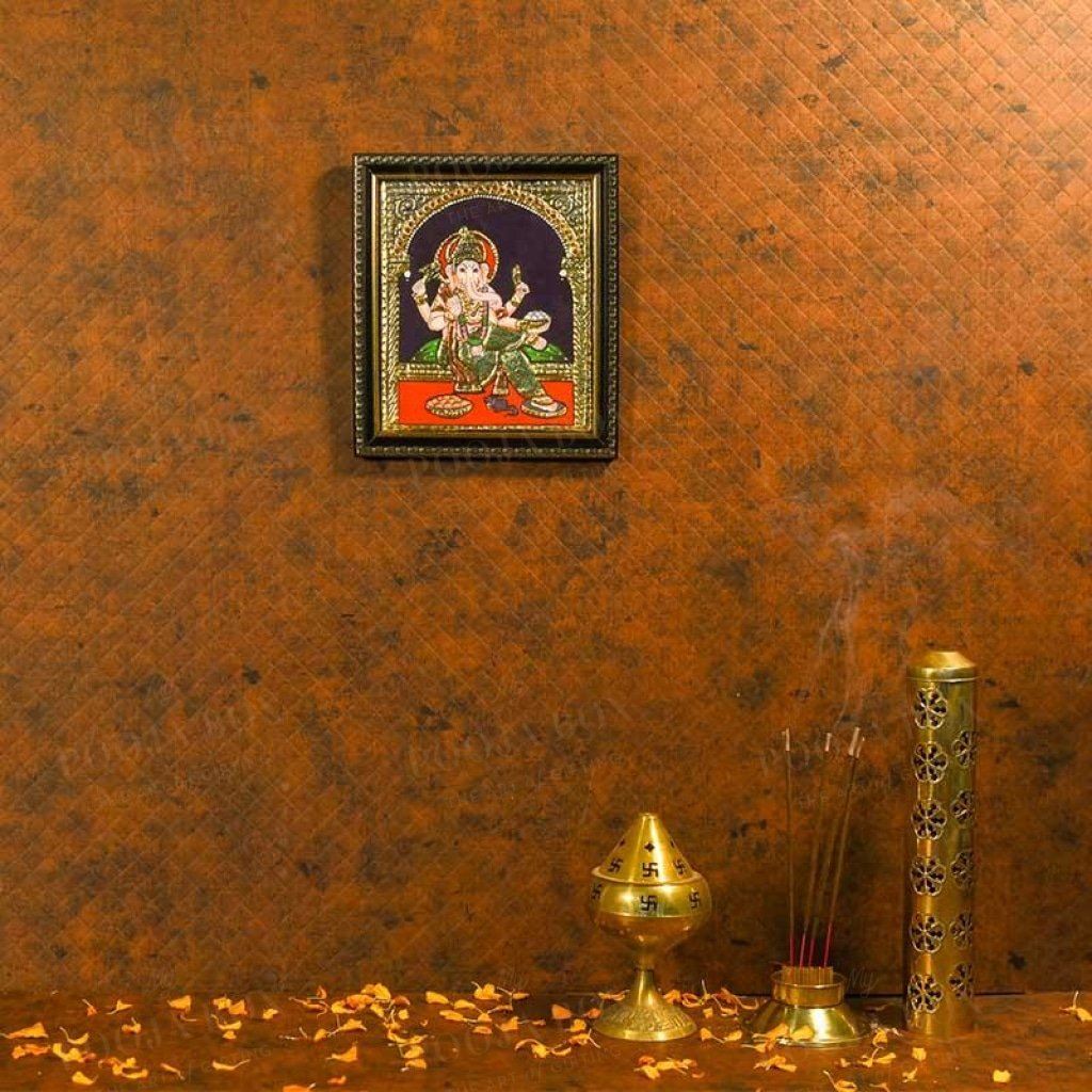 Golden Framed Lord Ganesha Hand-Painted Tanjore Painting Home Decor