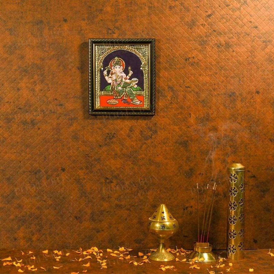 Golden Framed Lord Ganesha Hand-Painted Tanjore Painting Home Decor