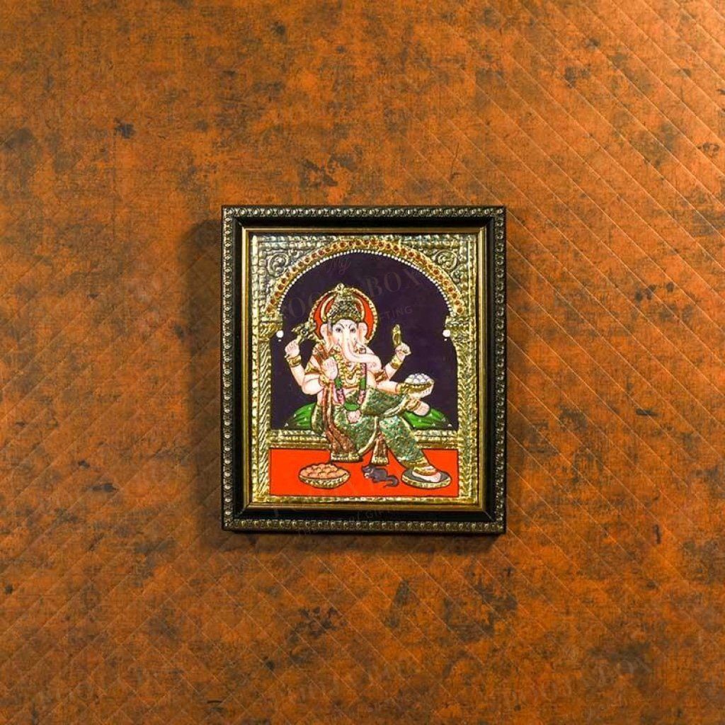 Golden Framed Lord Ganesha Hand-Painted Tanjore Painting Home Decor