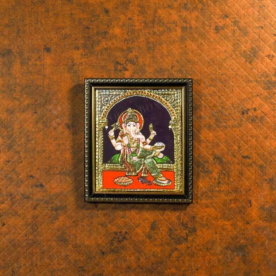 Golden Framed Lord Ganesha Hand-Painted Tanjore Painting Home Decor