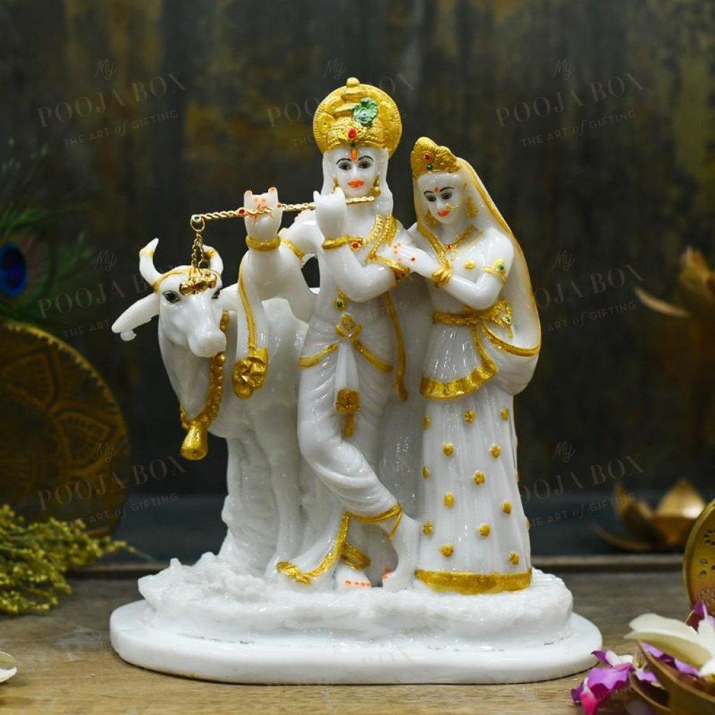 Golden White Radha Krishna With Cow Idol Idol