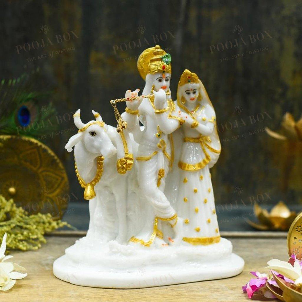Golden White Radha Krishna With Cow Idol Idol