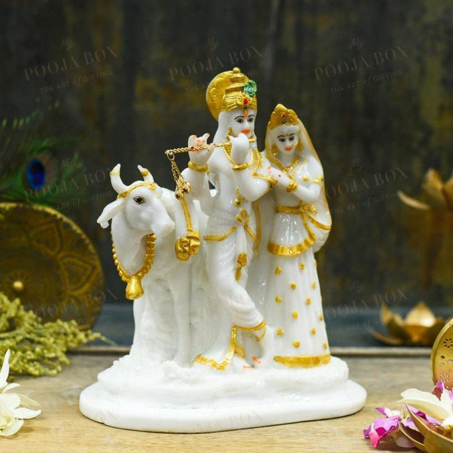 Golden White Radha Krishna With Cow Idol Idol
