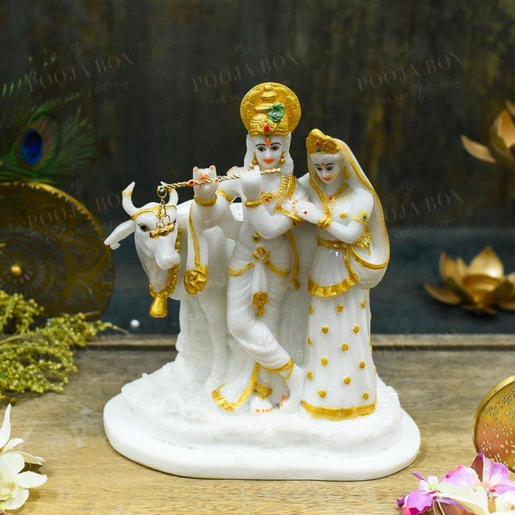 Golden White Radha Krishna With Cow Idol Idol
