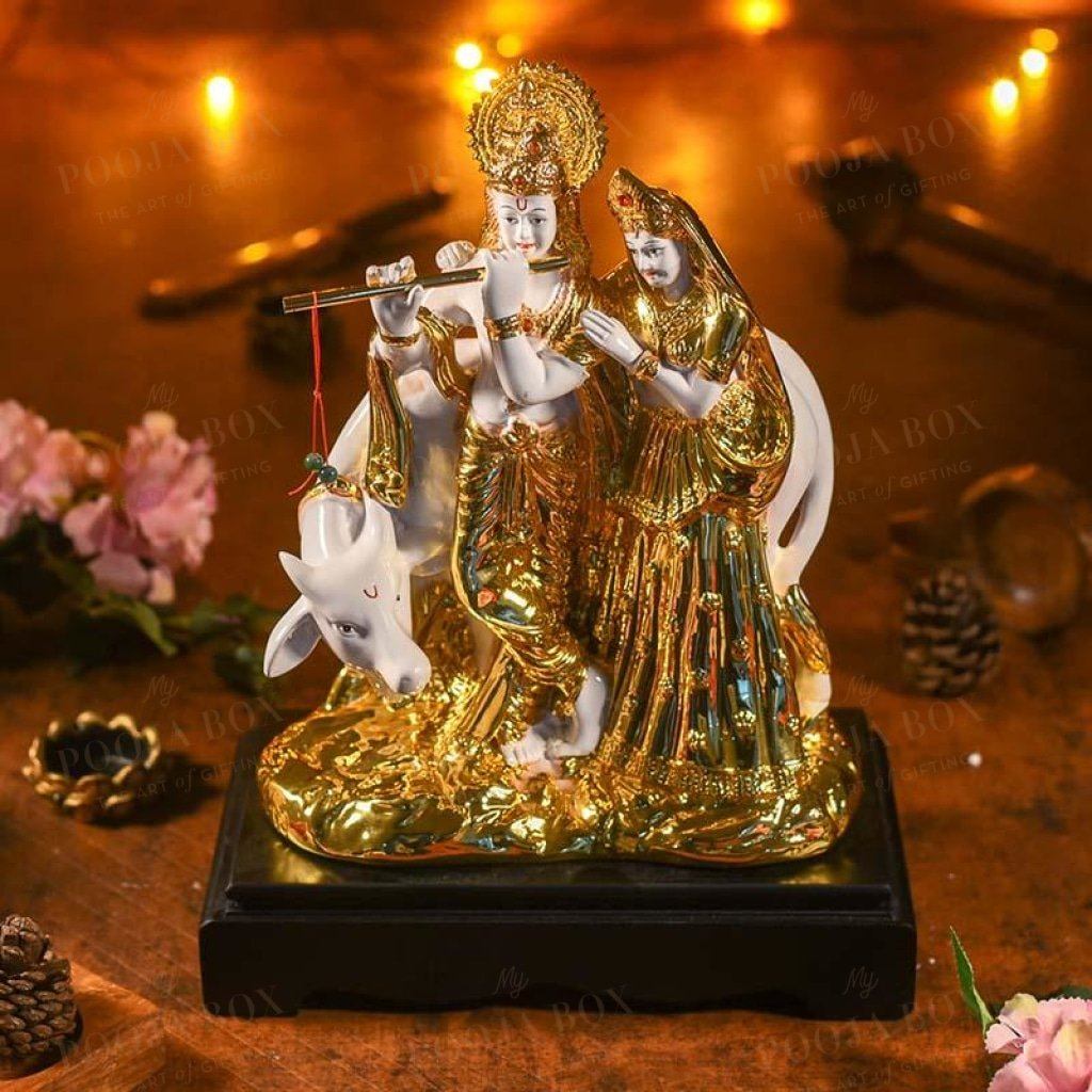 Golden White Radha Krishna With Cow Idols