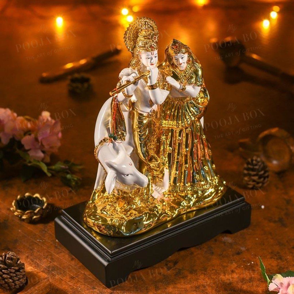 Golden White Radha Krishna With Cow Idols