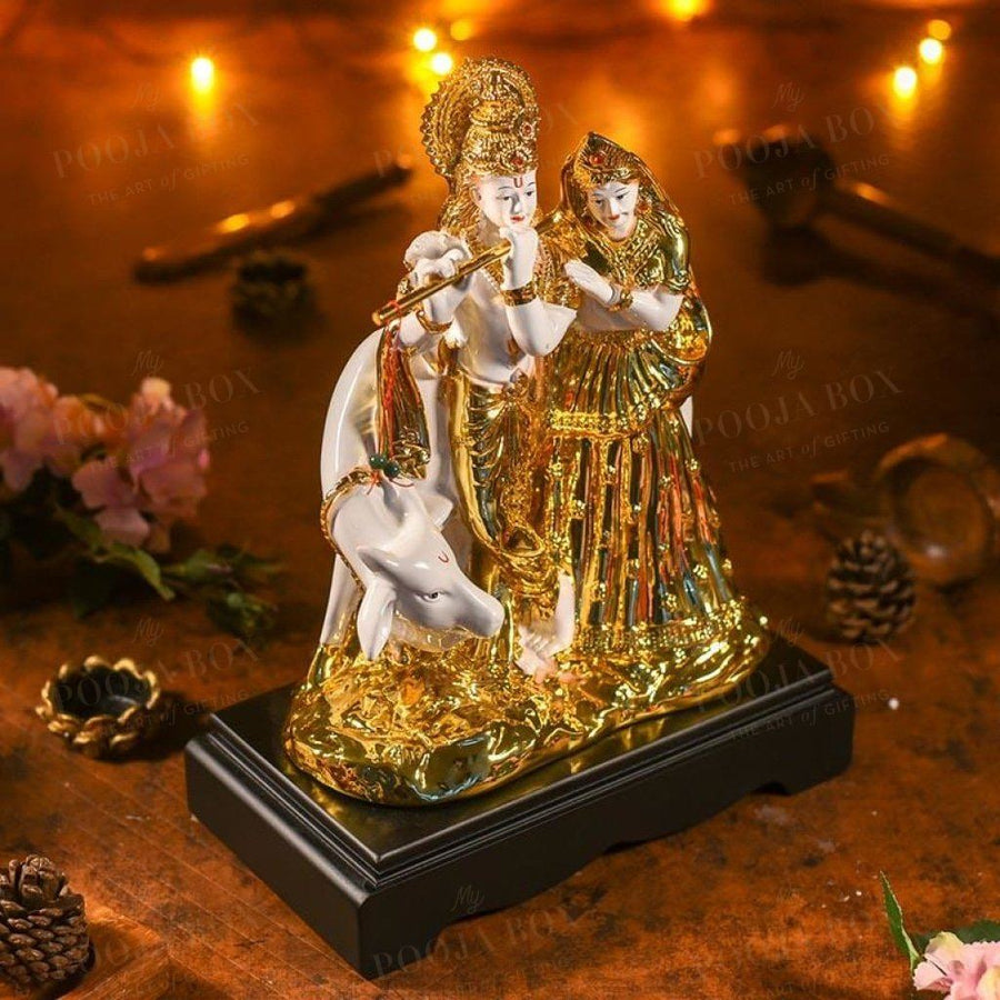 Golden White Radha Krishna With Cow Idols