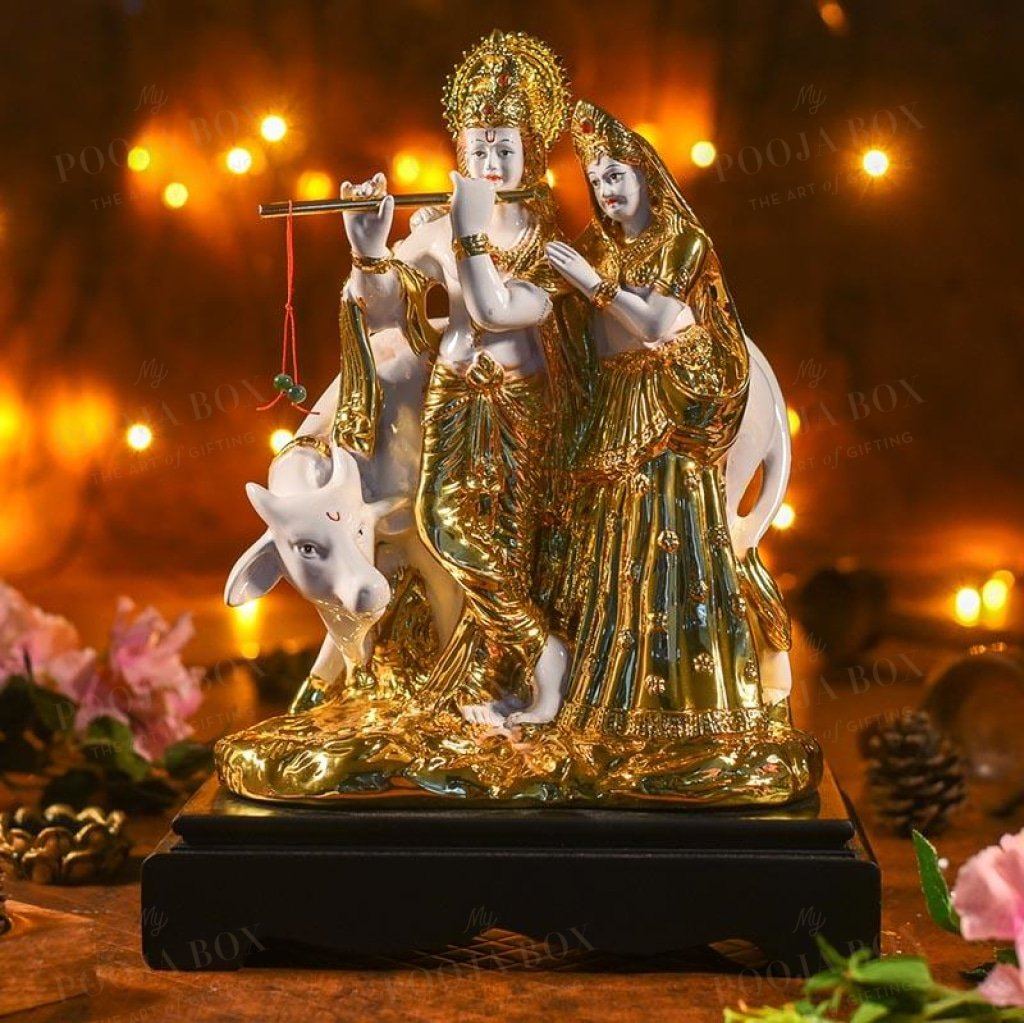 Golden White Radha Krishna With Cow Idols