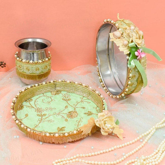 Gorgeous Green Floral Beaded Karwa Chauth Thali Set
