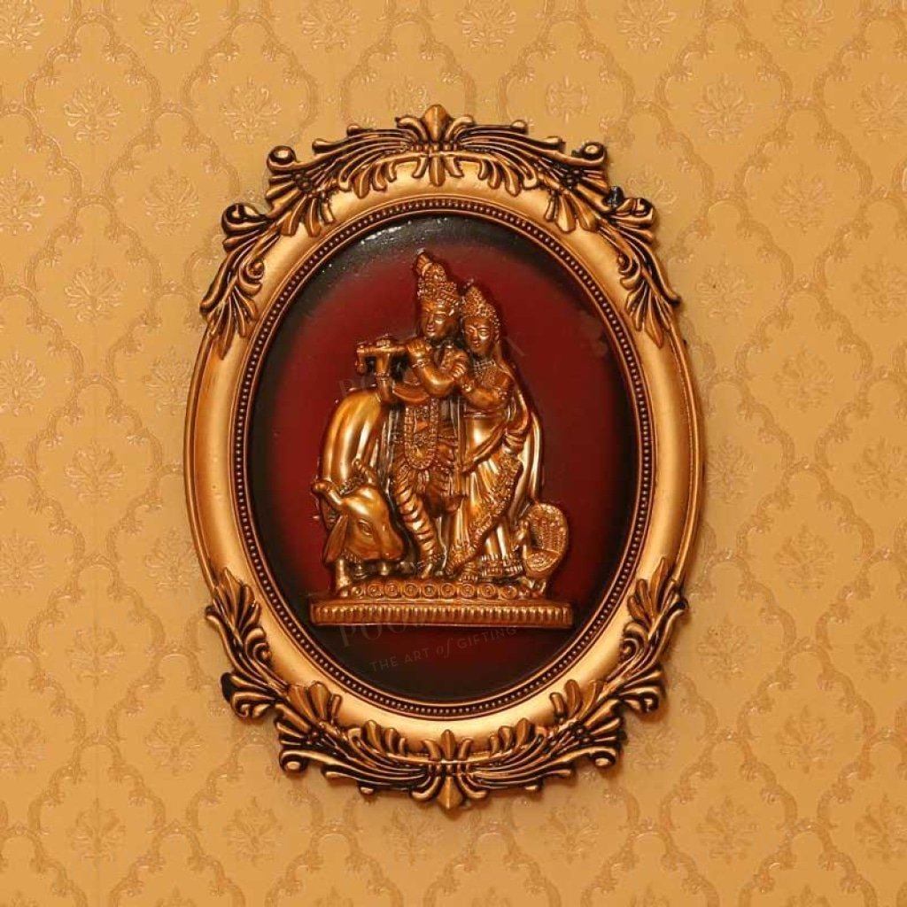 Gorgeous Oval Golden Radha Krishna Wall Hanging