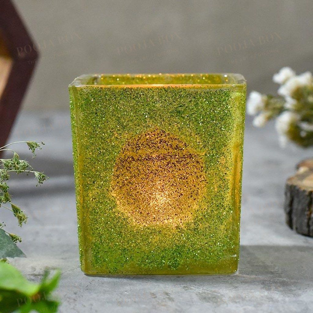 Green Square Shaped Glass Candle Holder With T-Light