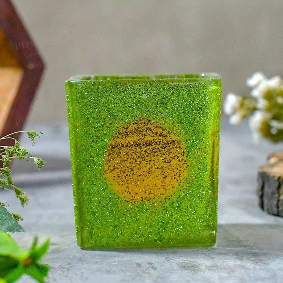 Green Square Shaped Glass Candle Holder With T-Light