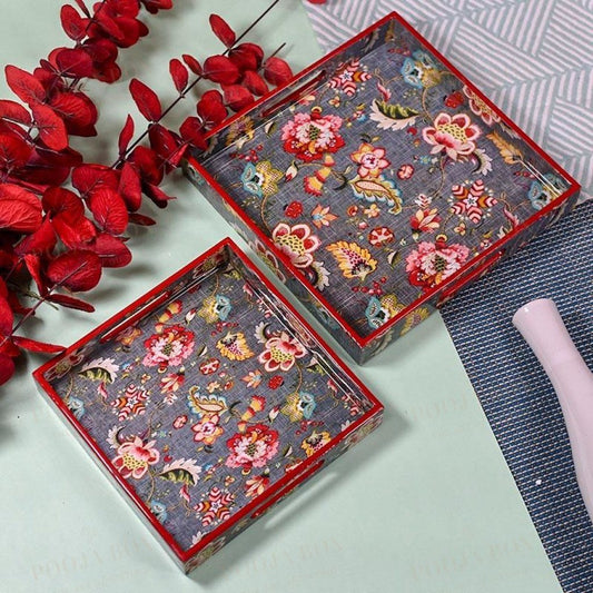 Grey Floral Serving Trays-Set Of 2 Crockery