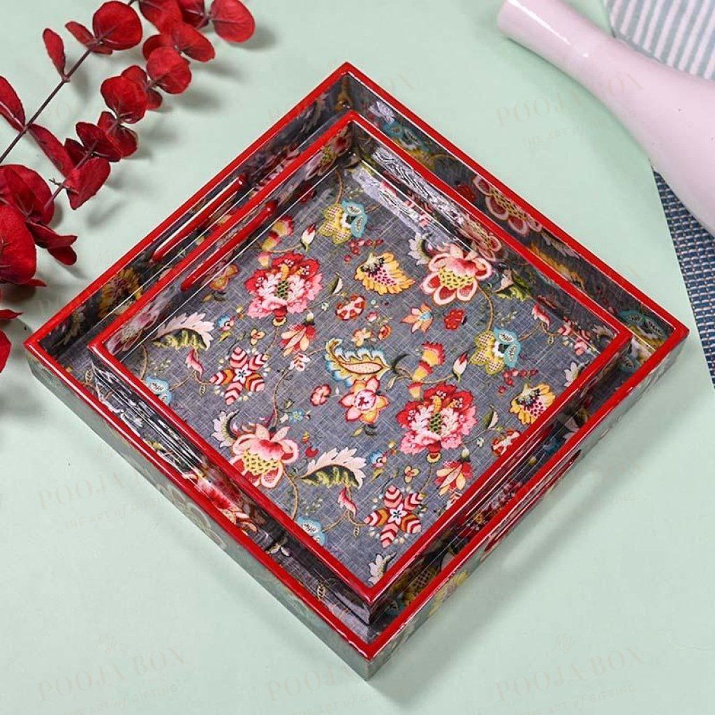 Grey Floral Serving Trays-Set Of 2 Crockery