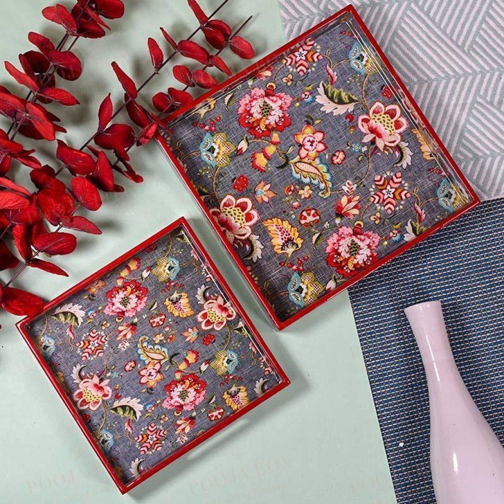 Grey Floral Serving Trays-Set of 2