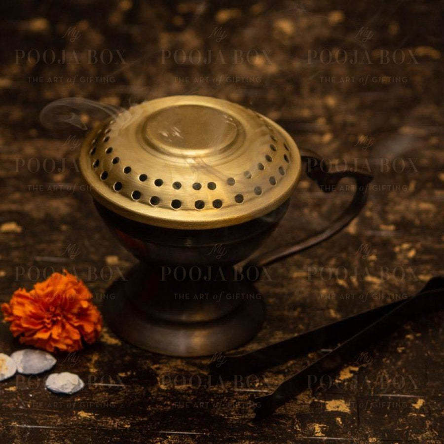 Handcrafted Brass Chirag Dhuni/fumer With Tong Diffusor