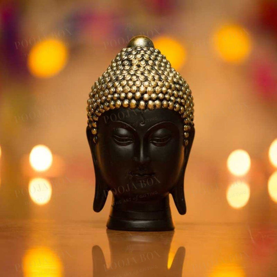 Handmade Black Buddha Head Showpiece With Golden Crown Idols