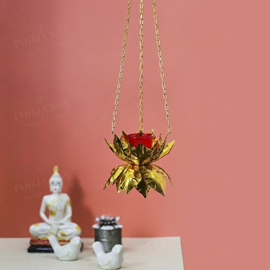 Hanging Lotus Golden Diya Candle Holder