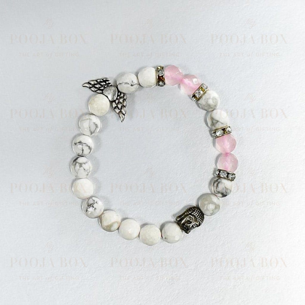 Howlite & Rose Quartz Bracelet With Buddha And Angel Wings