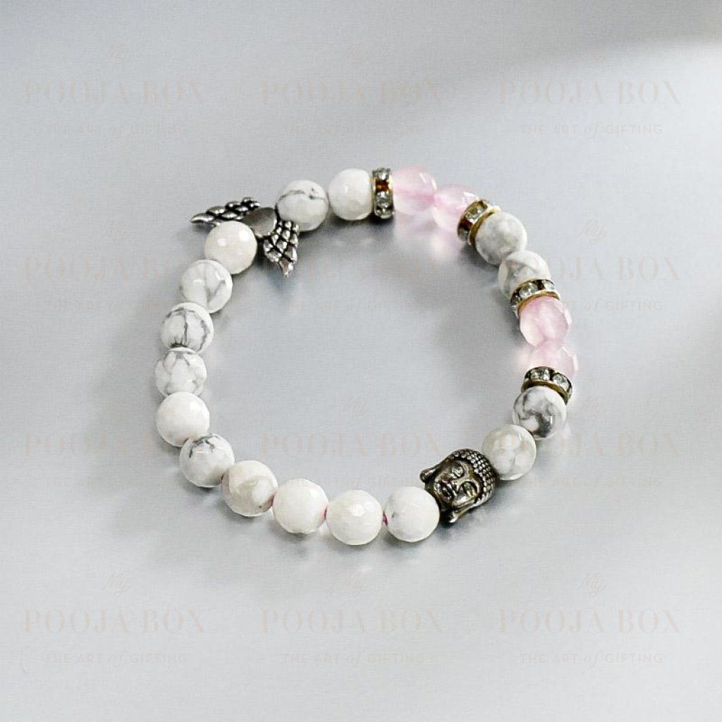 Howlite & Rose Quartz Bracelet With Buddha And Angel Wings