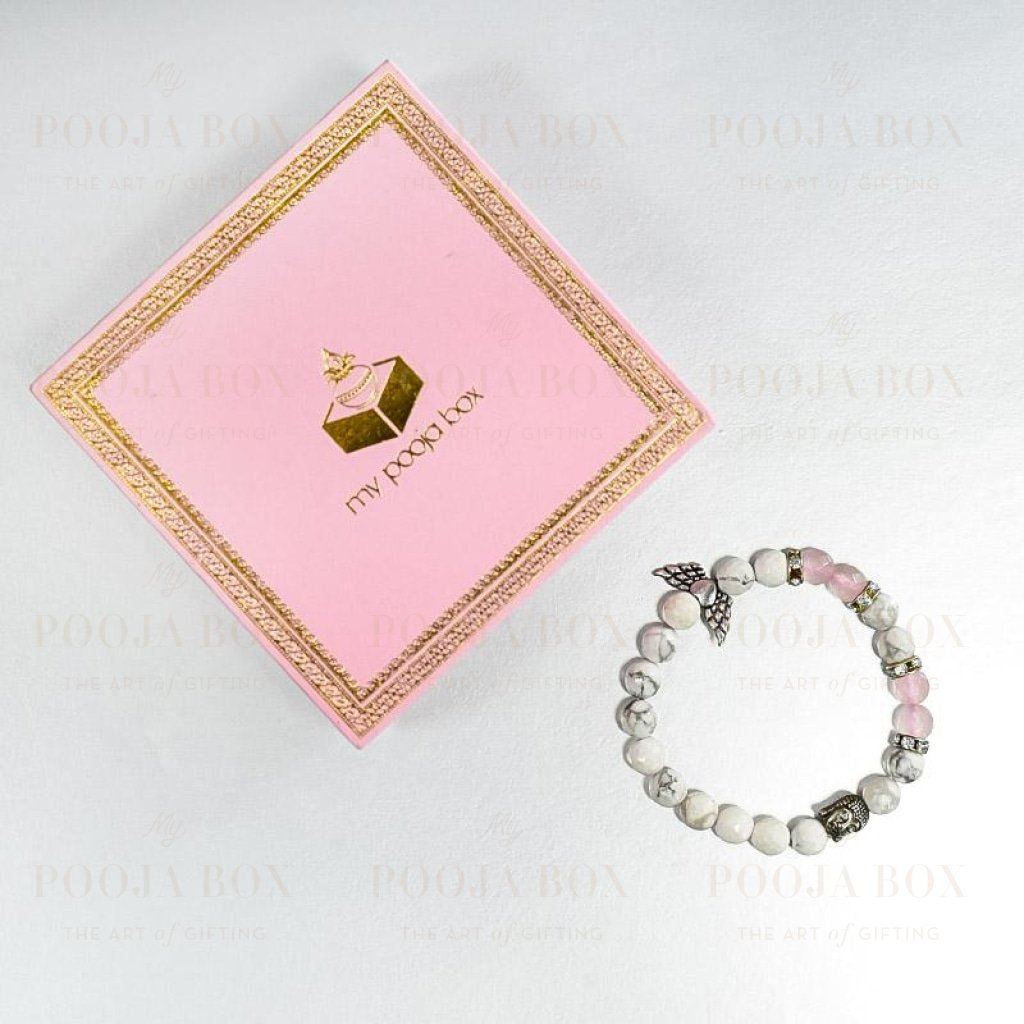 Howlite & Rose Quartz Bracelet With Buddha And Angel Wings