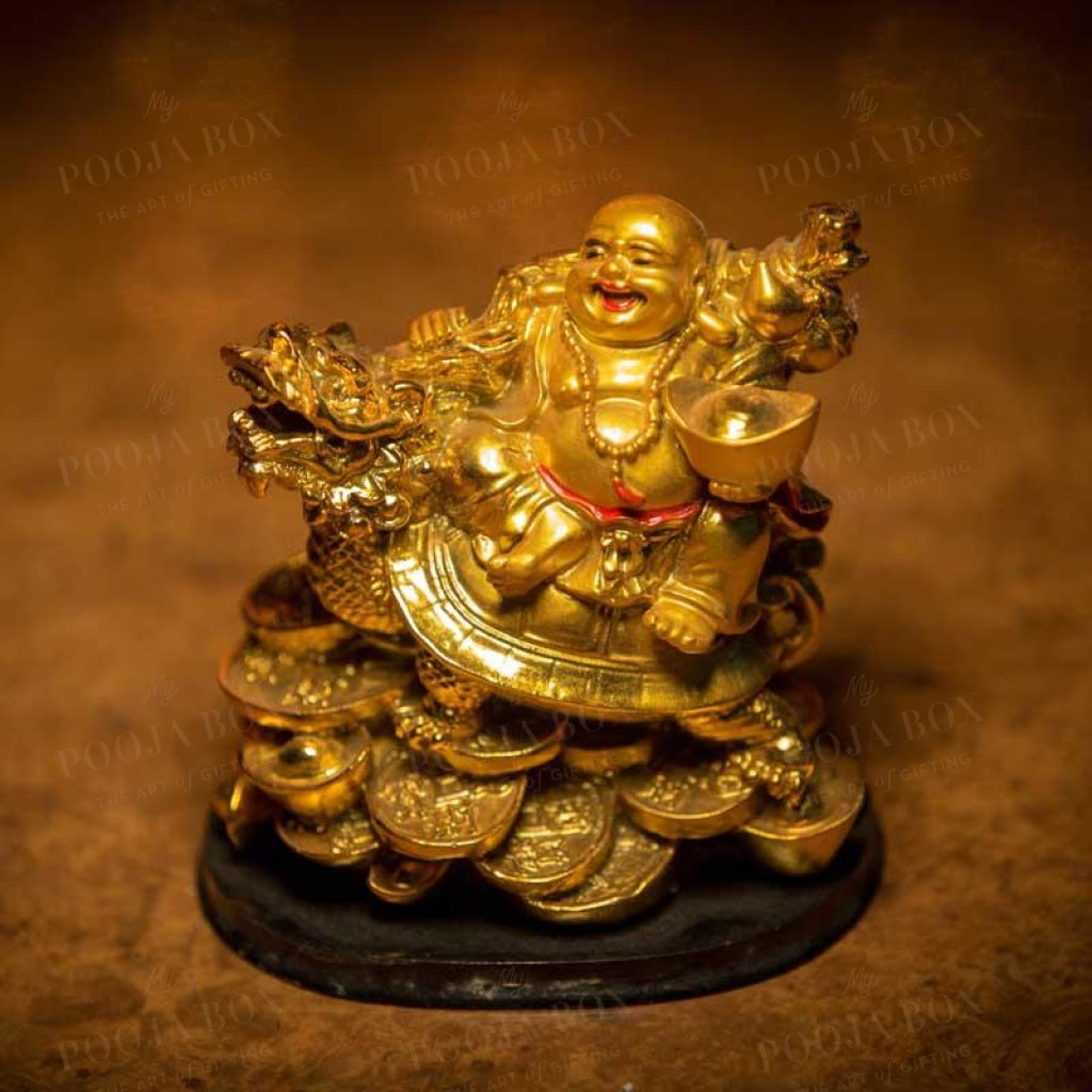Laughing Buddha With Dragon Tortoise On Bed Of Wealth Feng Shui