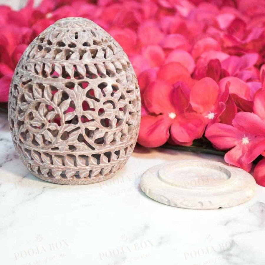 Leafy Mural Lattice Work Candle T-Light Holder In Oval Shape Home Decor
