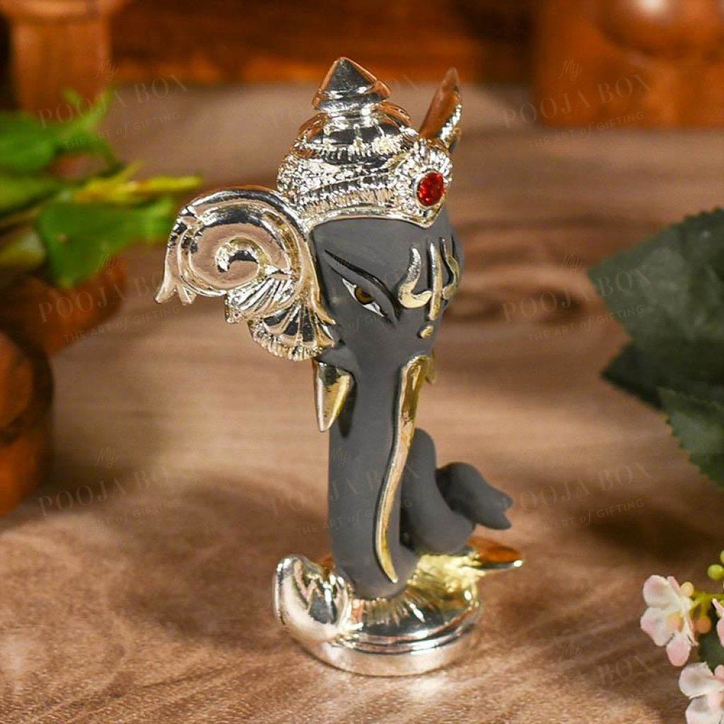 Matte Grey And Silver Ganesha Head Idol