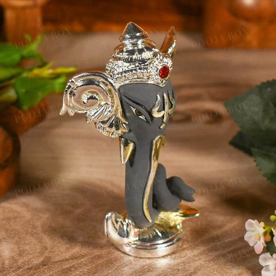 Matte Grey And Silver Ganesha Head Idol