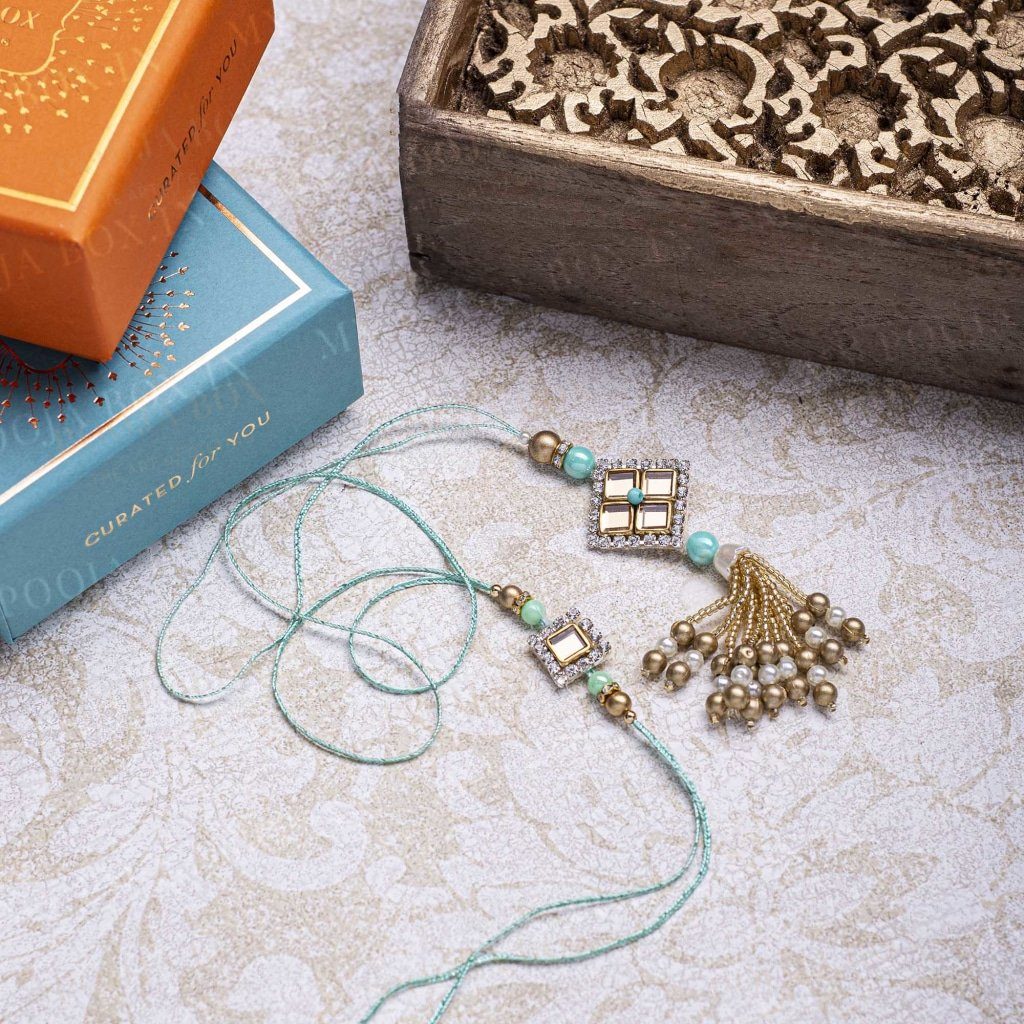 Mint Green Bedazzled Bhaiya Bhabhi Rakhi (Set Of 2)