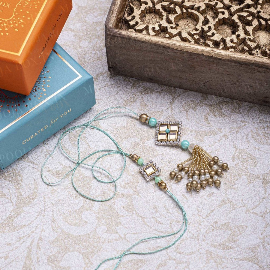 Mint Green Bedazzled Bhaiya Bhabhi Rakhi (Set Of 2)