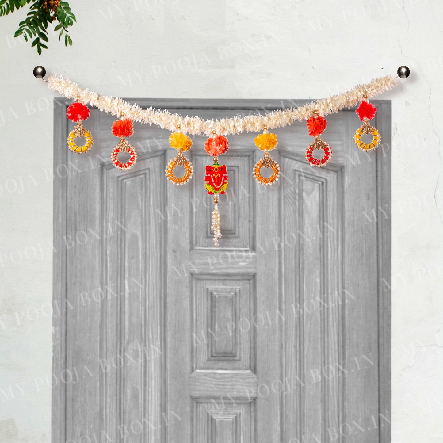Exclusive Yellow and Red Flower Toran with Ganesha