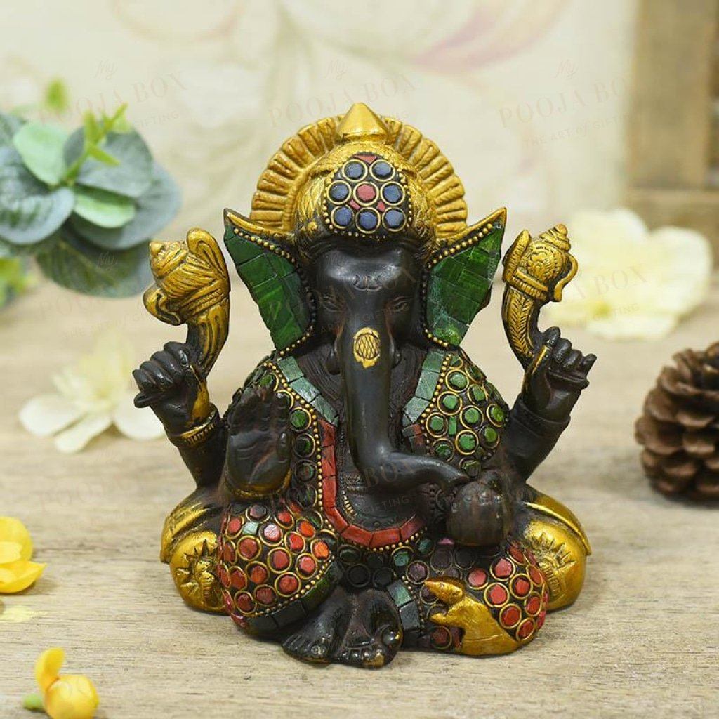 Ornate Multicolour Brass Ganesh Idol Idol