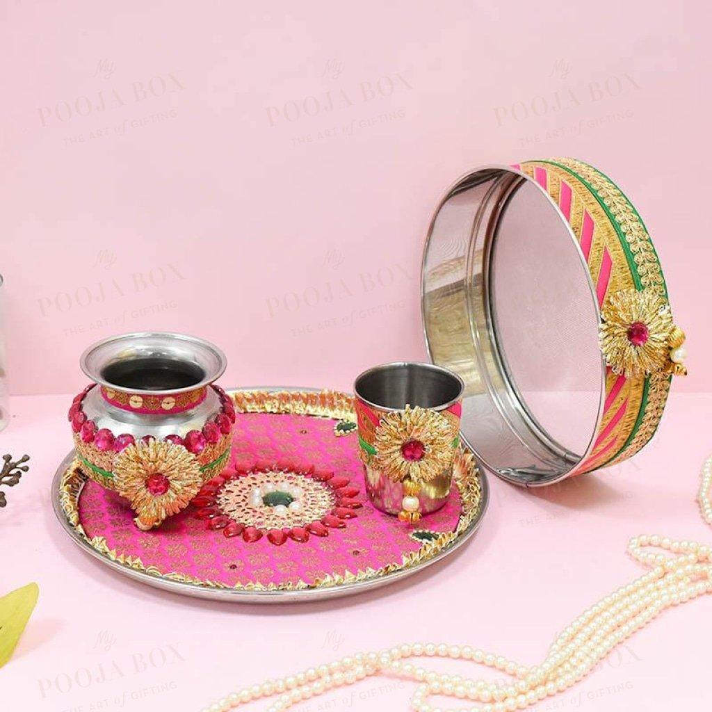 Pink Floral Gotta Patti Karwa Chauth Thali Set