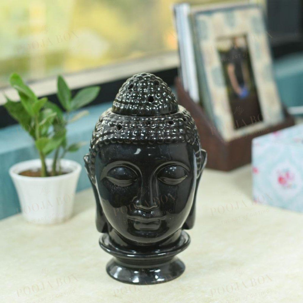 Shining Black Ceramic Buddha Head Aroma Diffuser Diffusor