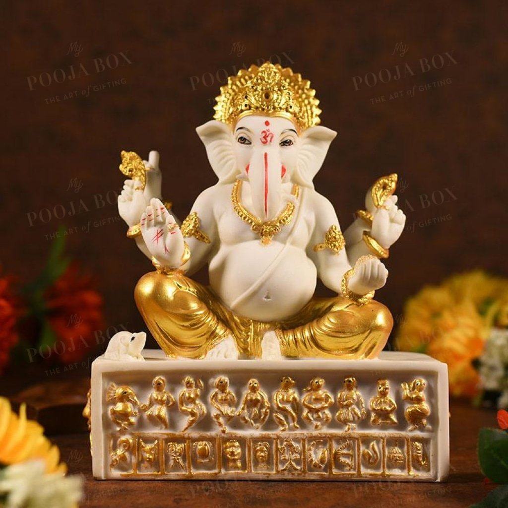 Sitting Ganesha With Zodiac Sign On Stand Idol
