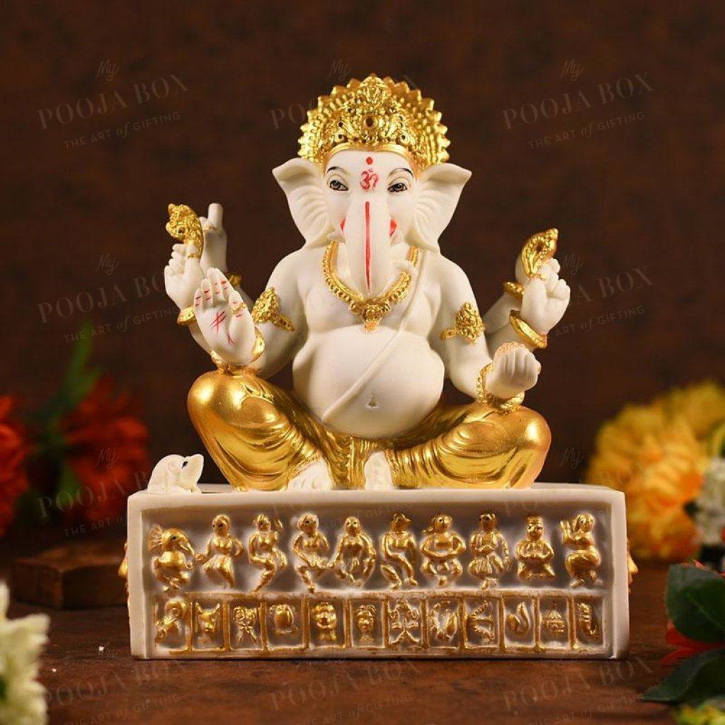 Sitting Ganesha With Zodiac Sign On Stand Idol