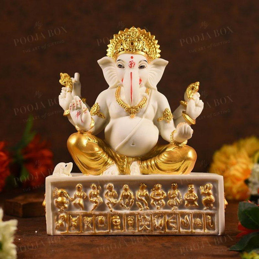 Sitting Ganesha With Zodiac Sign On Stand Idol