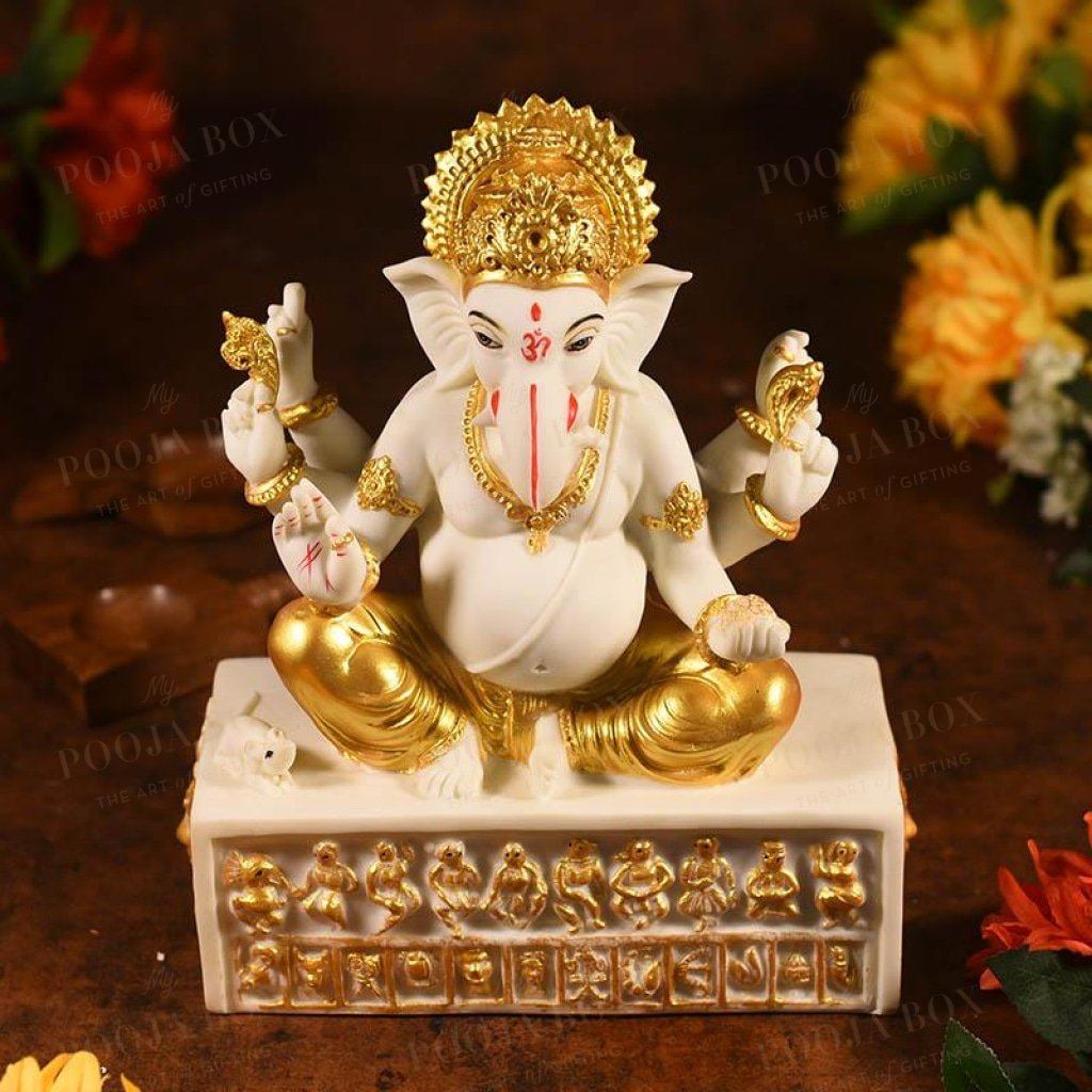 Sitting Ganesha With Zodiac Sign On Stand Idol