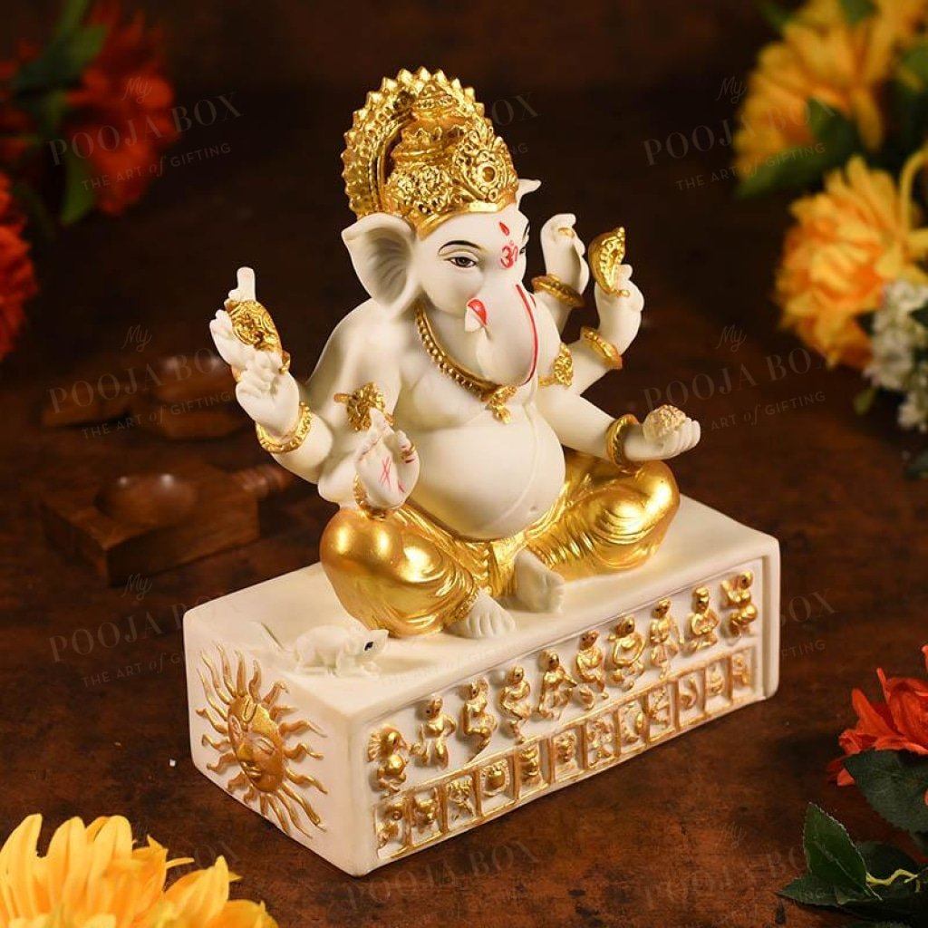 Sitting Ganesha With Zodiac Sign On Stand Idol