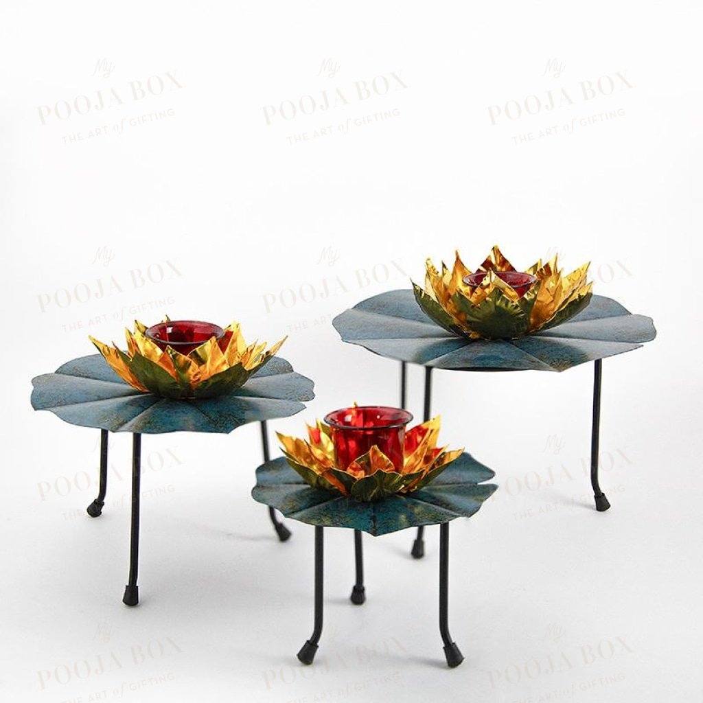 Teal Petal Lotus Diya Stand (Set Of 3) Candle Holder