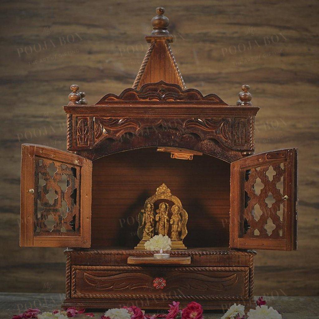 Traditional Wood Pooja Mandir With Doors Temple