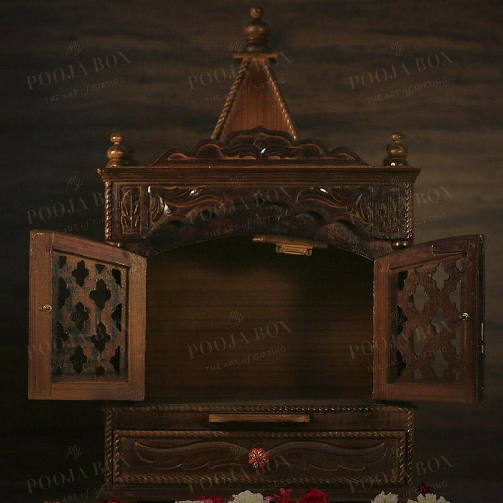 Traditional Wood Pooja Mandir With Doors Temple