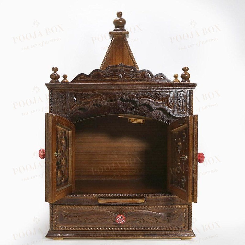 Traditional Wood Pooja Mandir With Doors Temple