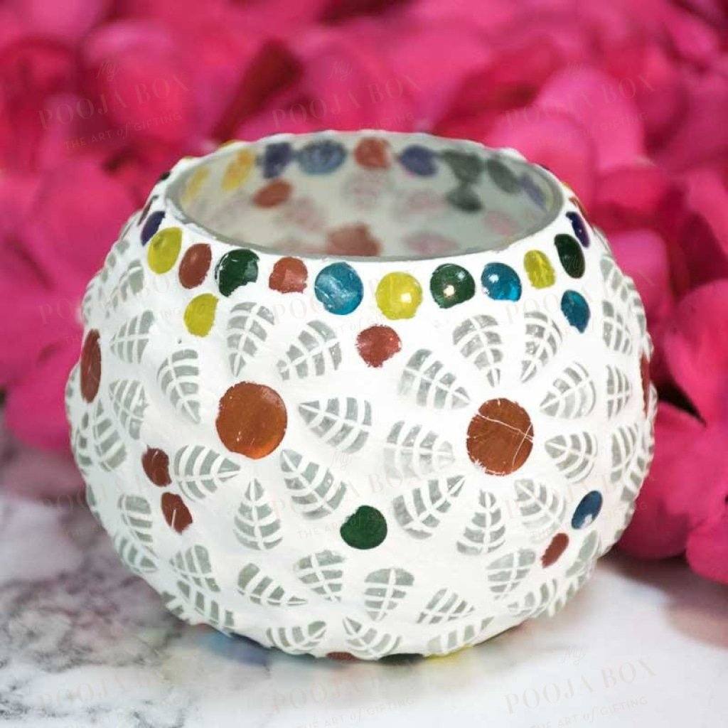 White Ceramic Mosaic Work Tealight Candle Holder