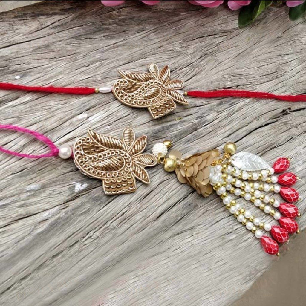 zari sequins beads ornate lumba rakhi for Bhaiya Bhabhi